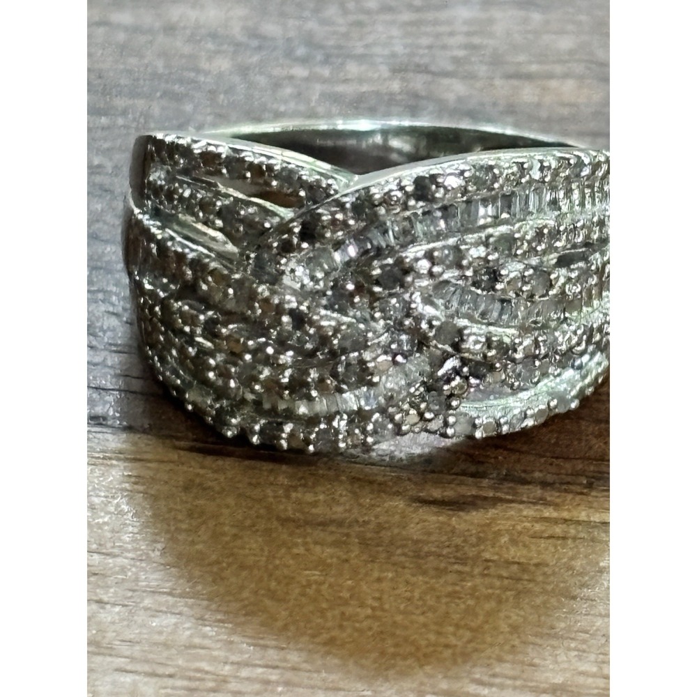 OTC Int'l Vintage White Diamond, Sterling Silver Crossover Ring Sz. 8